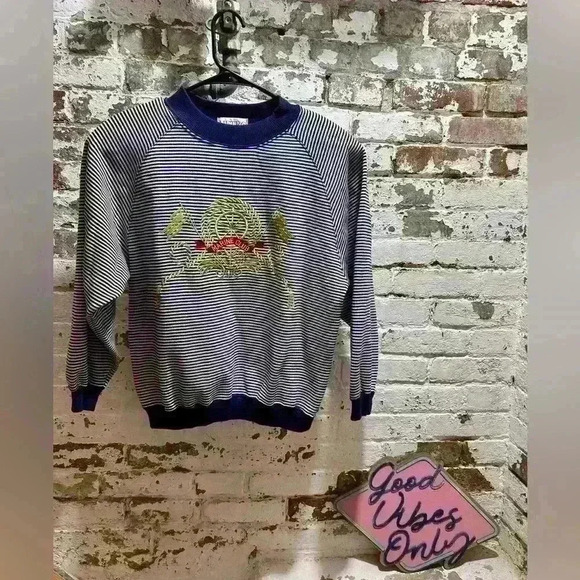VINTAGE 1980s Womens Blue and White Striped Marina Club Sweatshirt - Picture 1 of 5